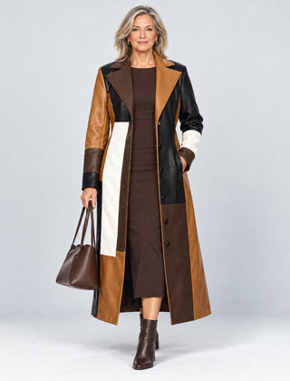 The Sylvia Patchwork Leather-Look Long Coat in Brown Patchwork