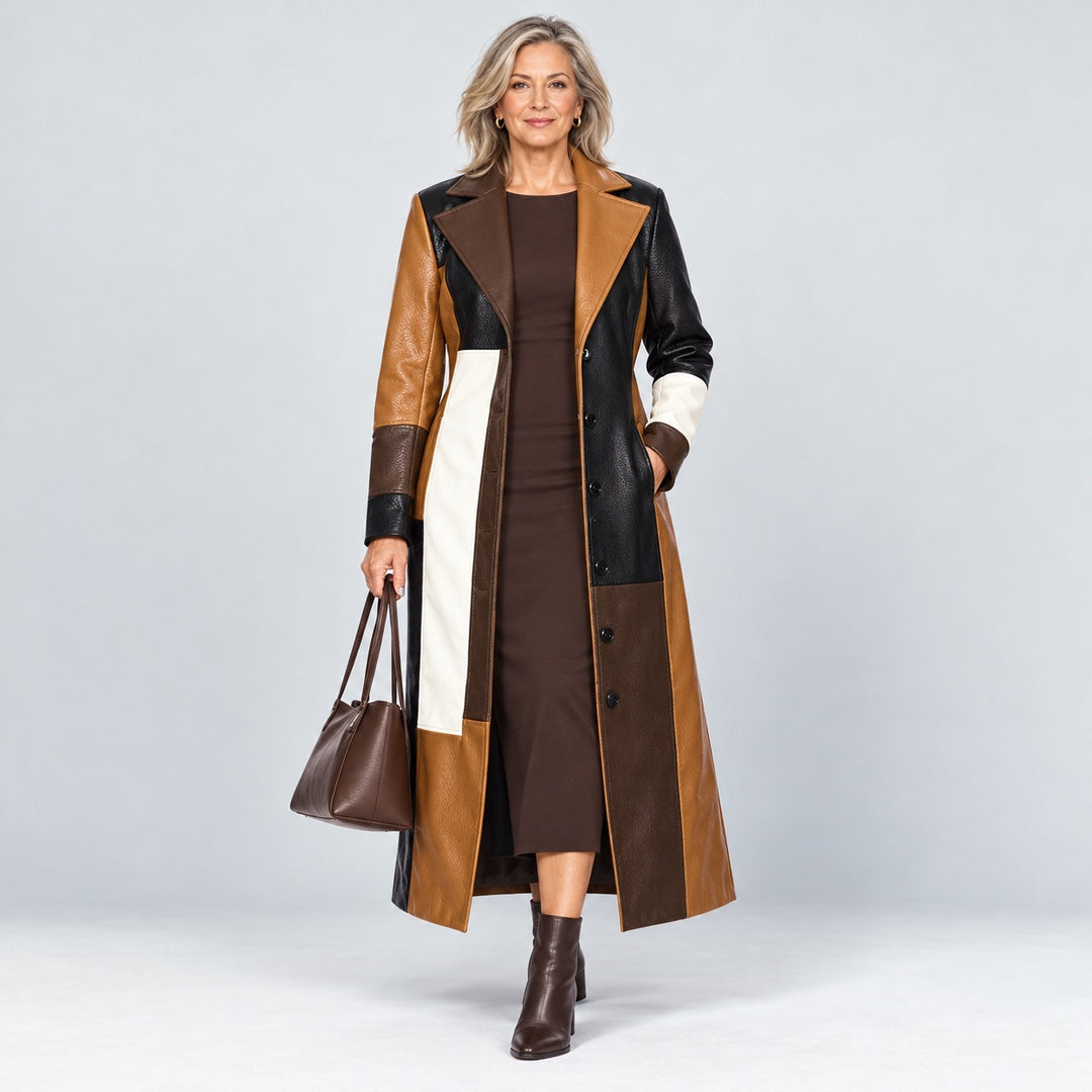 The Sylvia Patchwork Leather-Look Long Coat in Brown Patchwork