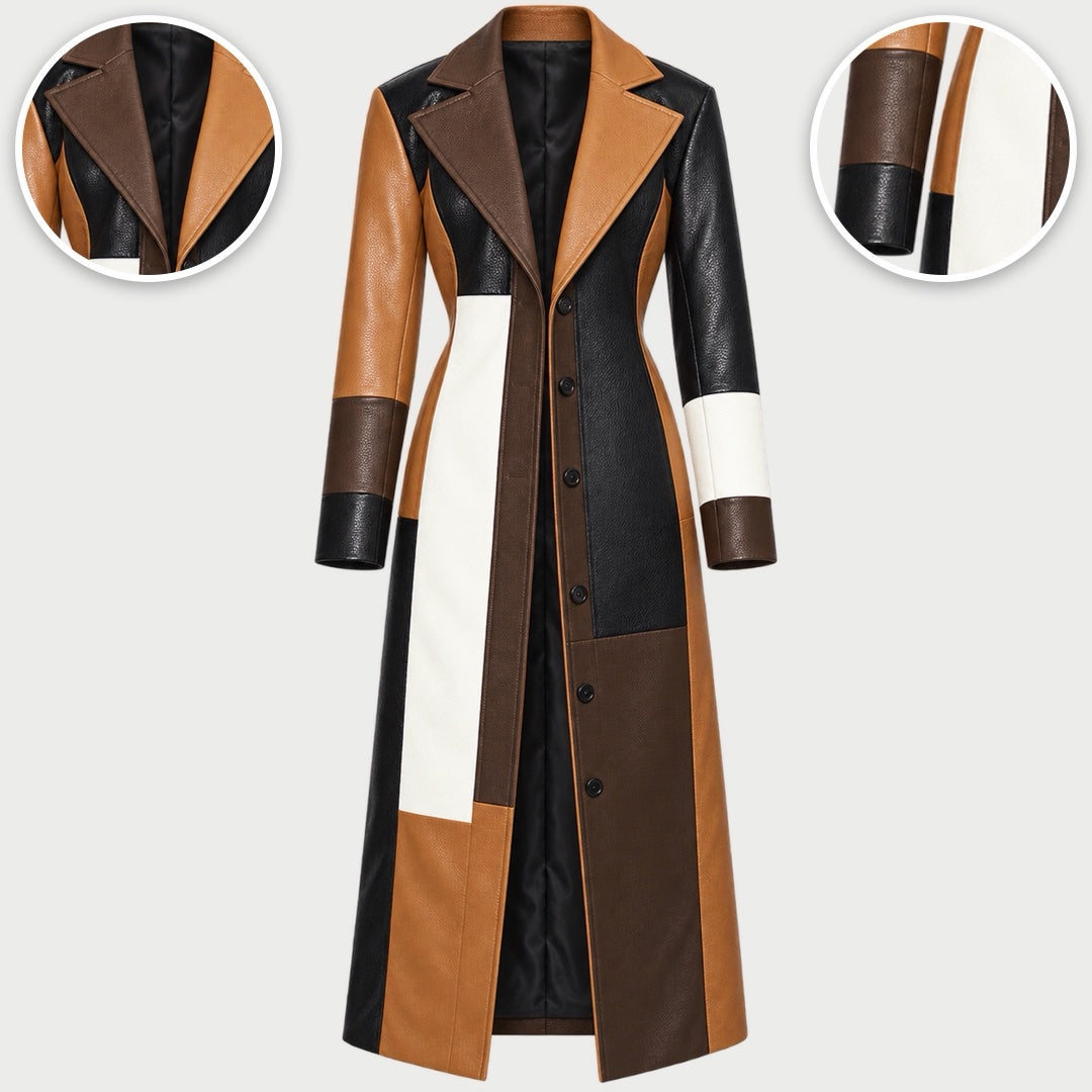 The Sylvia Patchwork Leather-Look Long Coat in Brown Patchwork, with close-ups of the details