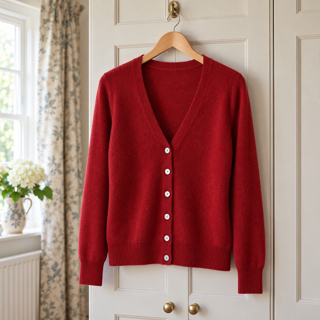 The Tanya V-Neck Button Front Fine Knit Cardigan on a hanger