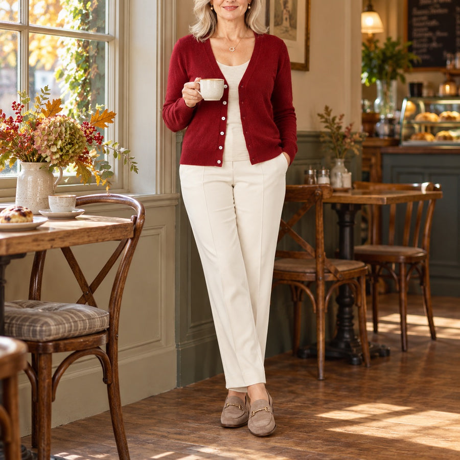 The Tanya V-Neck Button Front Fine Knit Cardigan worn out and about