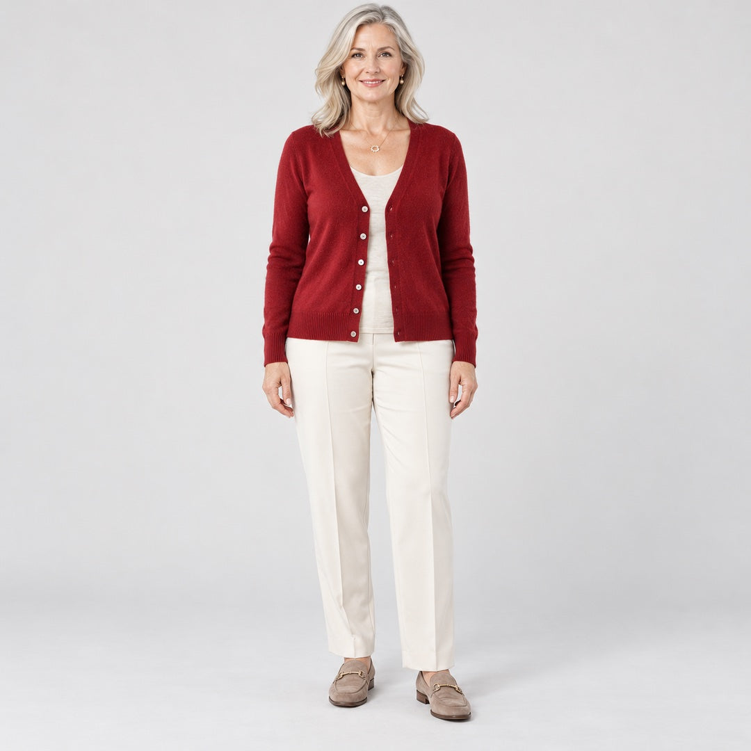 The Tanya V-Neck Button Front Fine Knit Cardigan in the studio