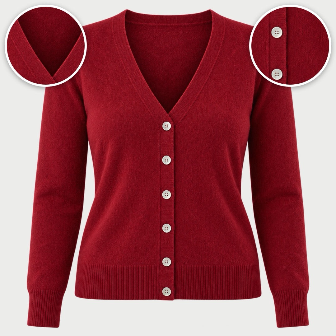 The Tanya V-Neck Button Front Fine Knit Cardigan with close-ups of the details