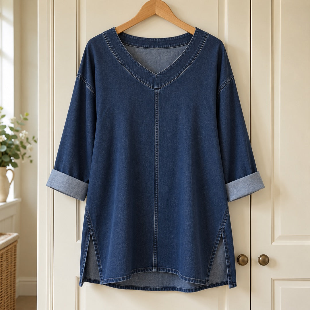 Thelma V-Neck Denim-Look Tunic Top in Navy on a hanger