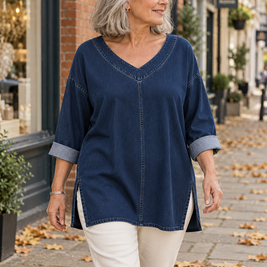 Thelma V-Neck Denim-Look Tunic Top in Navy, worn out and about