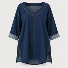 Thelma V-Neck Denim-Look Tunic Top in Navy, the whole piece laid flat