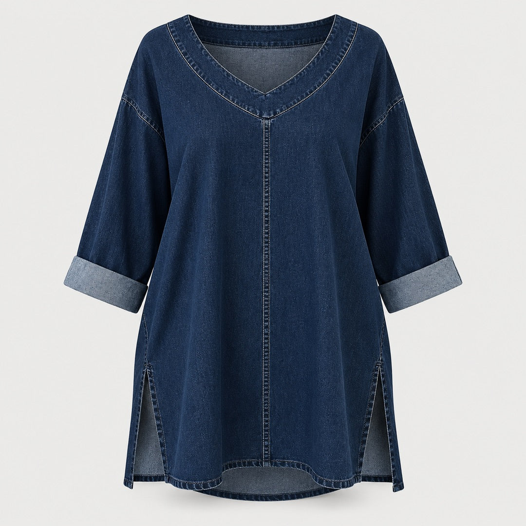 Thelma V-Neck Denim-Look Tunic Top in Navy, the whole piece laid flat