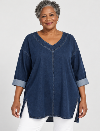 Thelma V-Neck Denim-Look Tunic Top in Navy