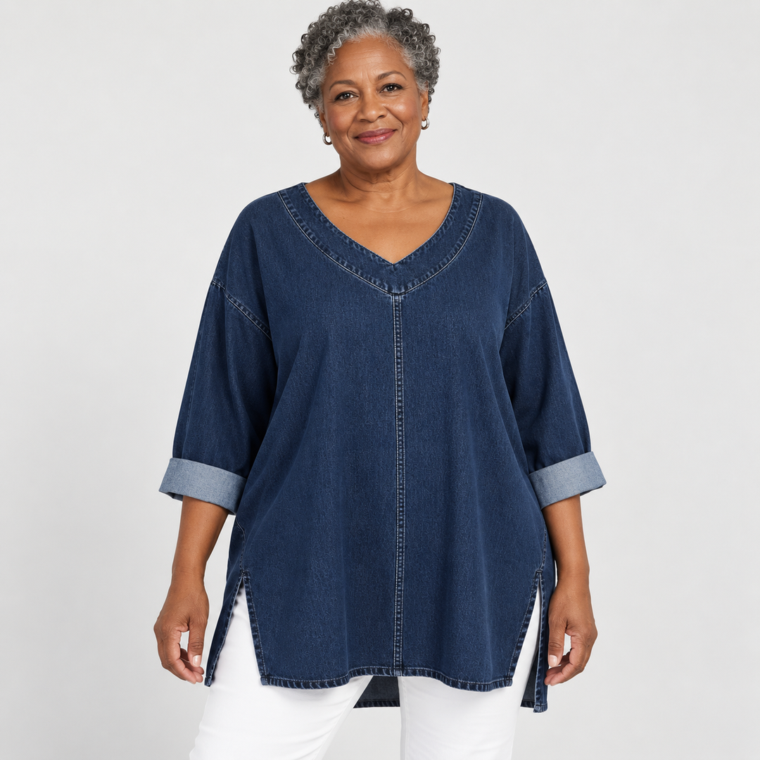 Thelma V-Neck Denim-Look Tunic Top in Navy
