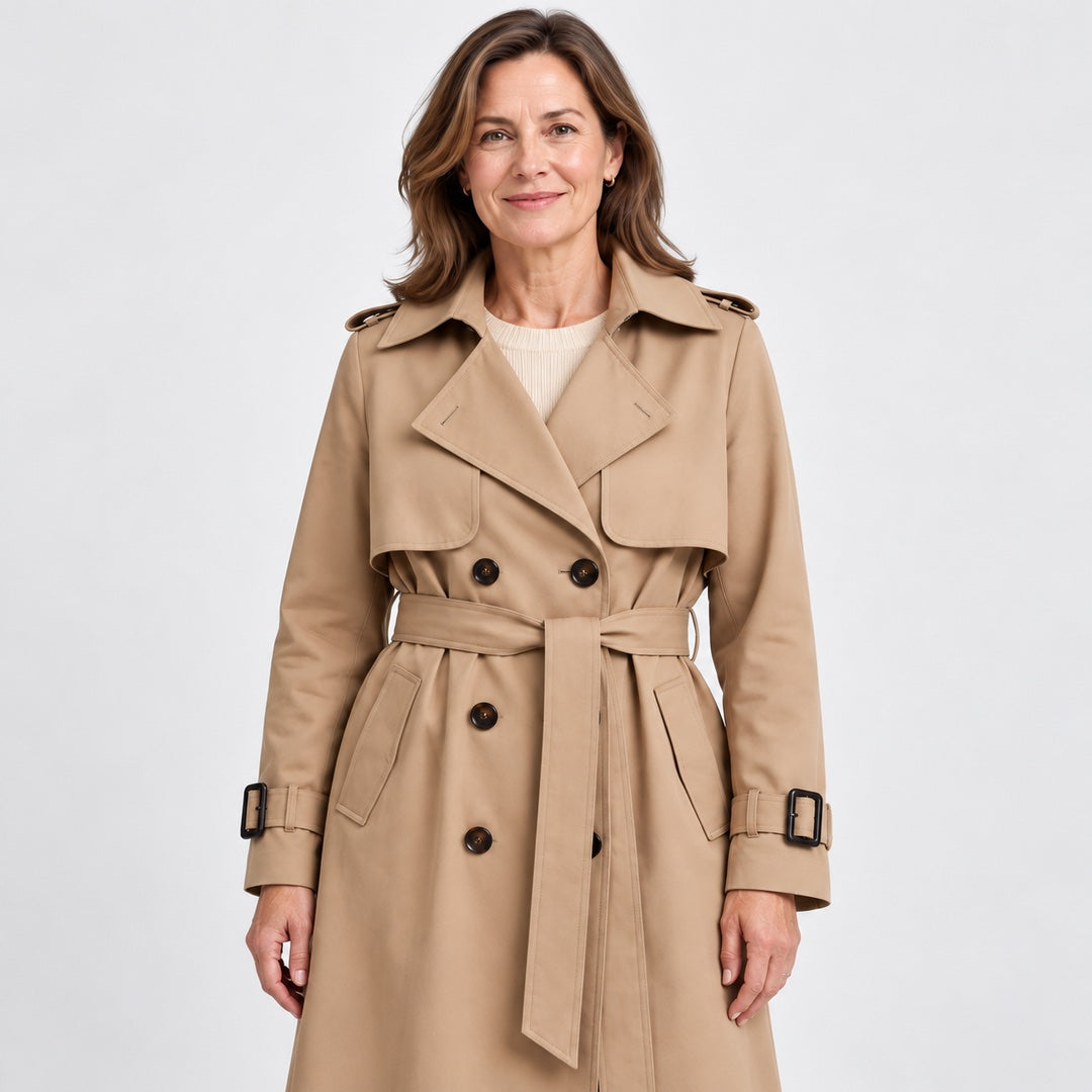 Close-up of the Theresa Classic Belted Trench Coat in Khaki