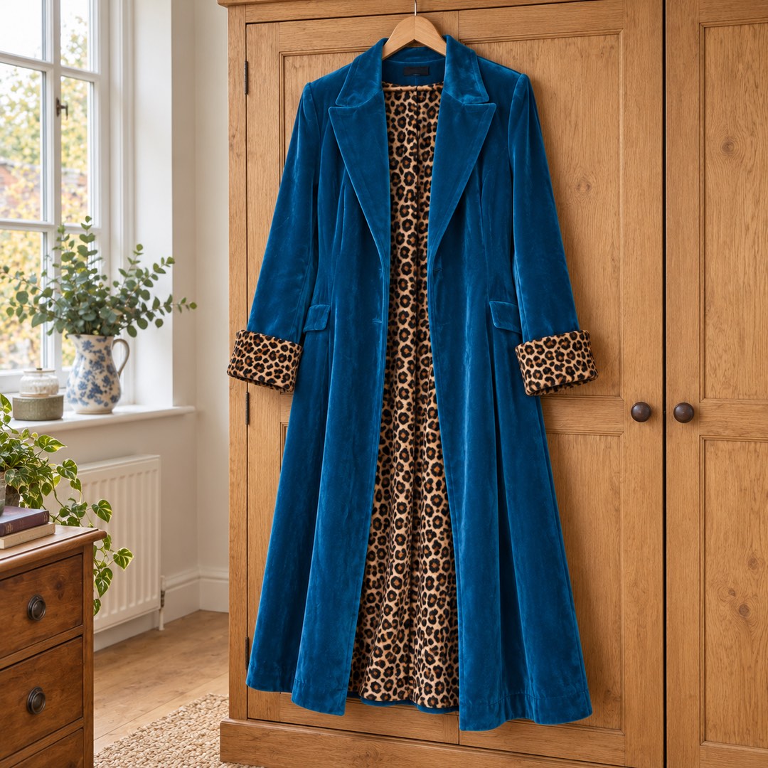 Theresa Long Velvet Coat with Leopard Lining in Petrol Blue on a hanger
