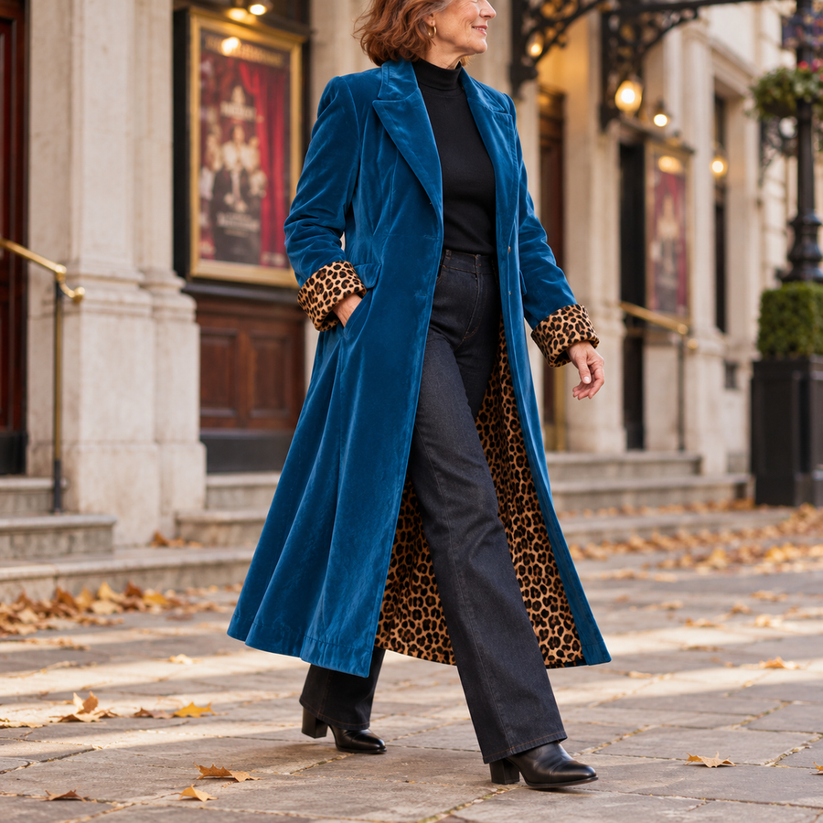 Theresa Long Velvet Coat with Leopard Lining in Petrol Blue, worn out and about