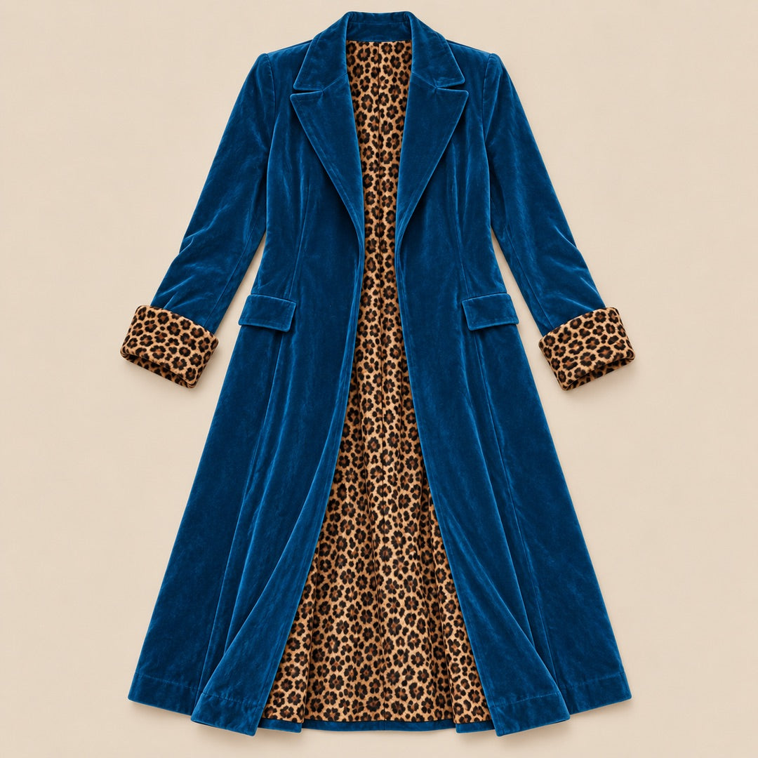 Theresa Long Velvet Coat with Leopard Lining in Petrol Blue, the whole piece laid flat