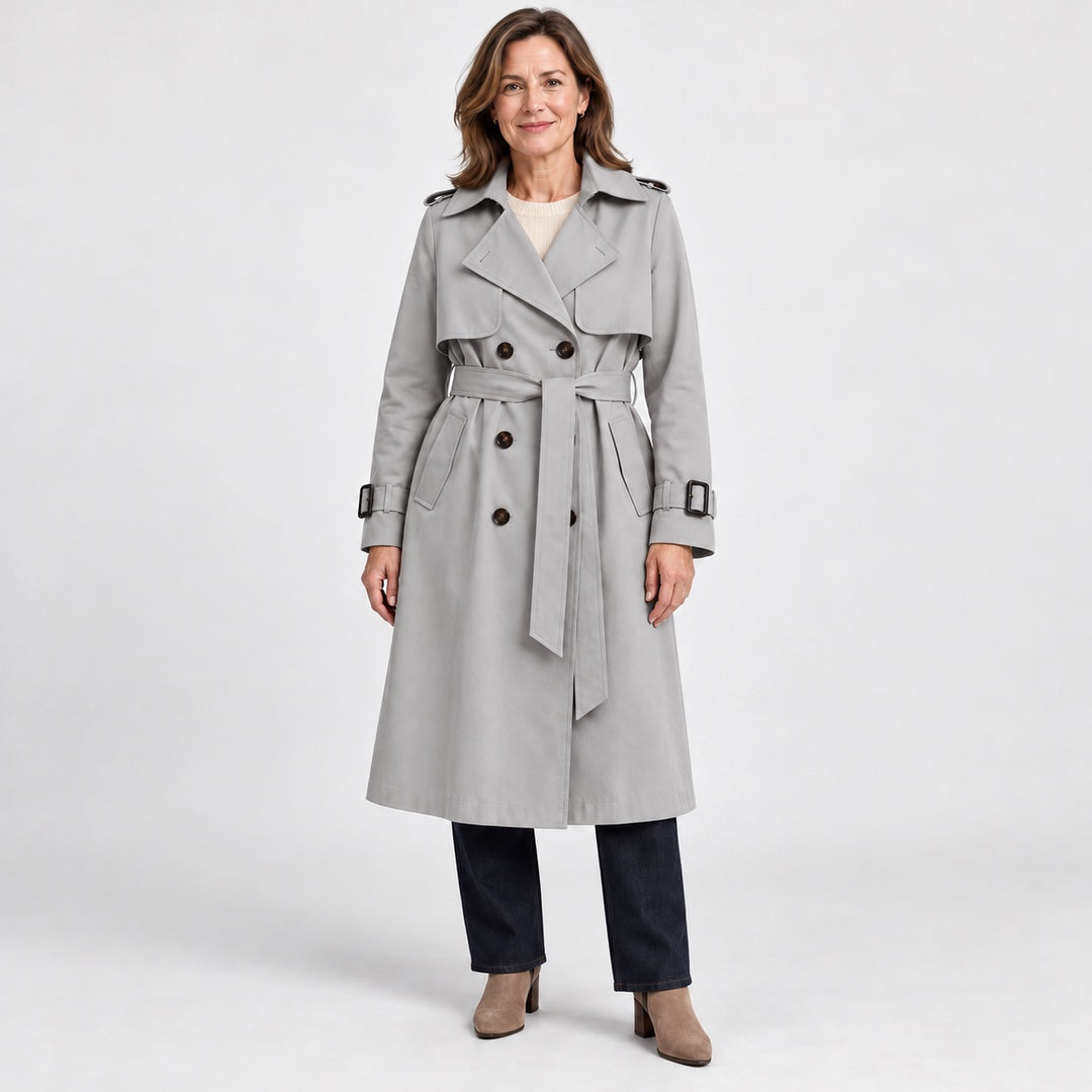 The Theresa Classic Belted Trench Coat in Light Grey