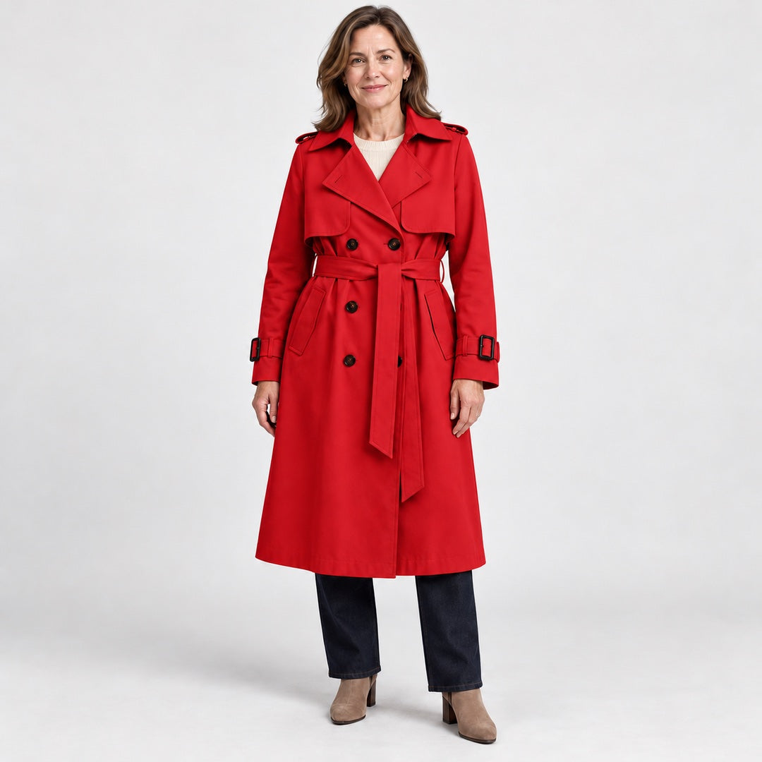 The Theresa Classic Belted Trench Coat in Red