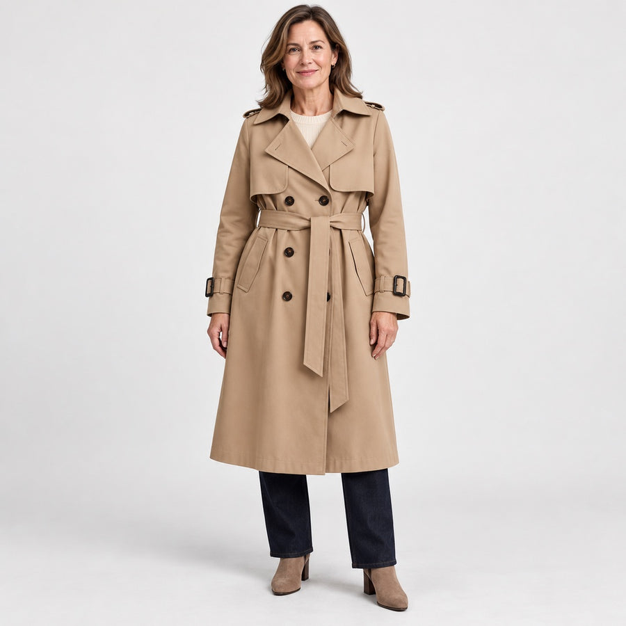 The Theresa Classic Belted Trench Coat in Khaki