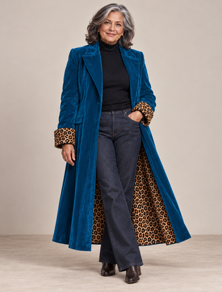 Theresa Long Velvet Coat with Leopard Lining in Petrol Blue