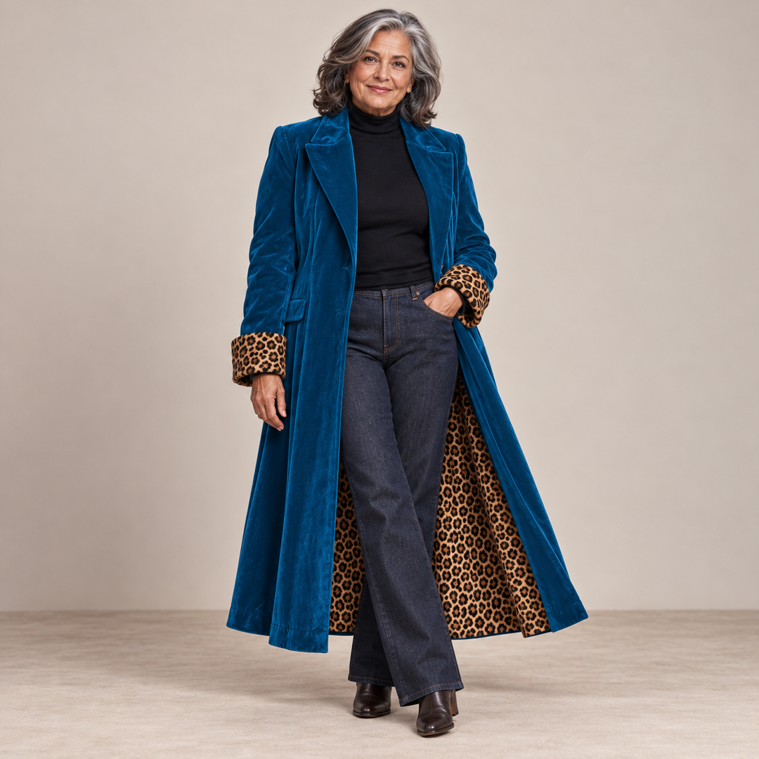 Theresa Long Velvet Coat with Leopard Lining in Petrol Blue
