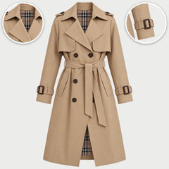 The Theresa Classic Belted Trench Coat in Khaki, with close-ups of the details