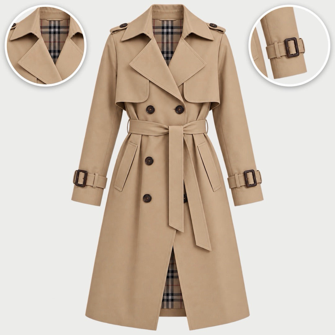 The Theresa Classic Belted Trench Coat in Khaki, with close-ups of the details