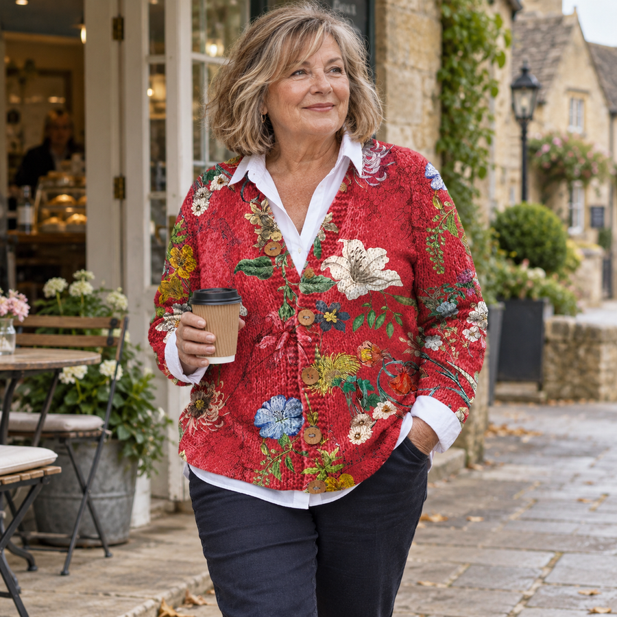 Tina Vintage Floral Button Cardigan in Red Floral, worn out and about