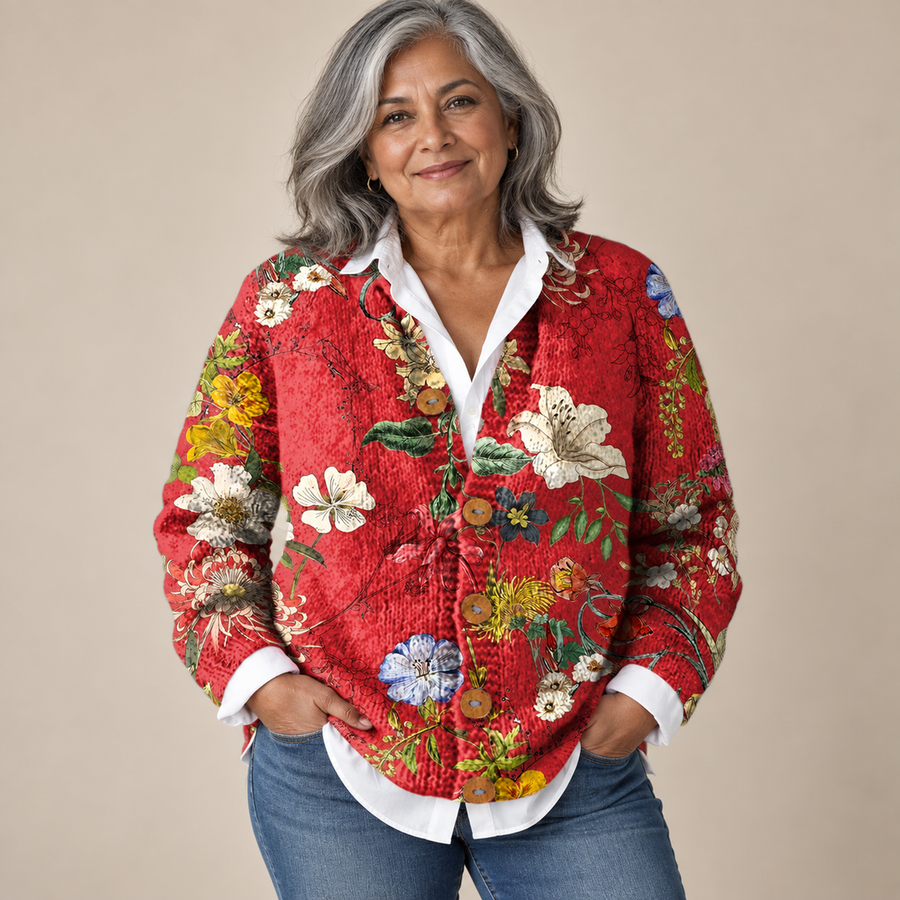 Tina Vintage Floral Button Cardigan in Red Floral