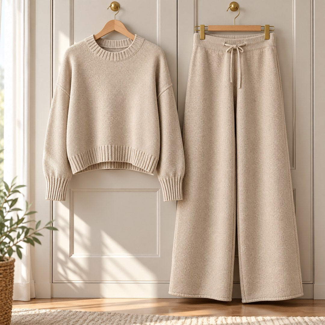 The Toni Knit Jumper and Wide Leg Trouser Set on a hanger