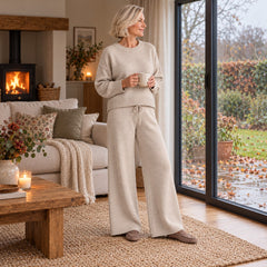 The Toni Knit Jumper and Wide Leg Trouser Set worn at home