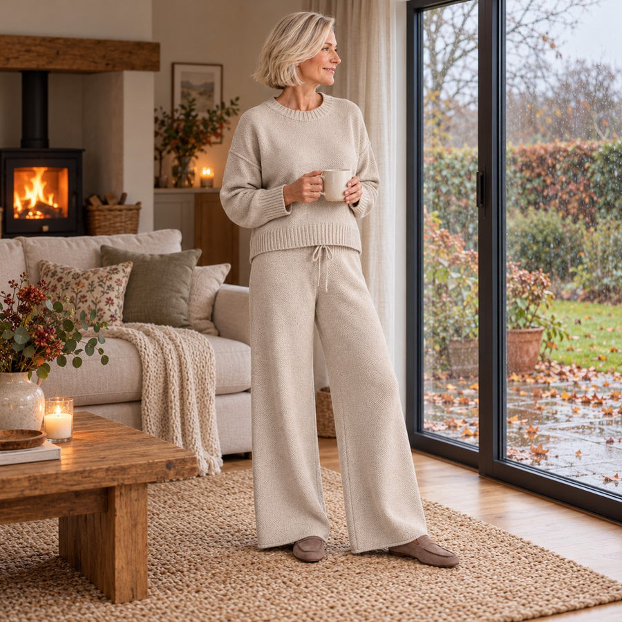 The Toni Knit Jumper and Wide Leg Trouser Set worn at home
