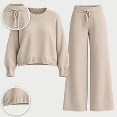 The Toni Knit Jumper and Wide Leg Trouser Set with close-ups of the details