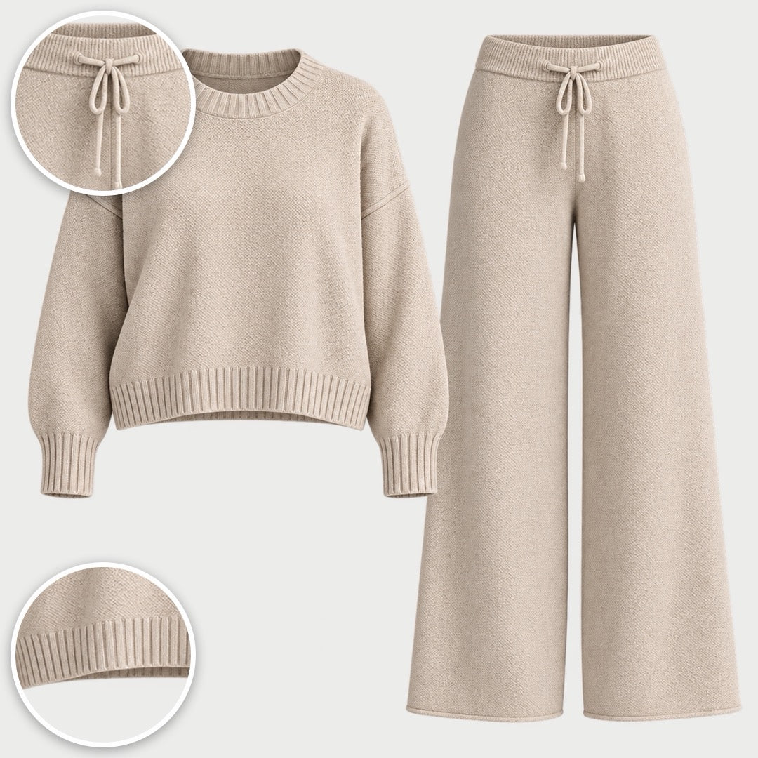 The Toni Knit Jumper and Wide Leg Trouser Set with close-ups of the details