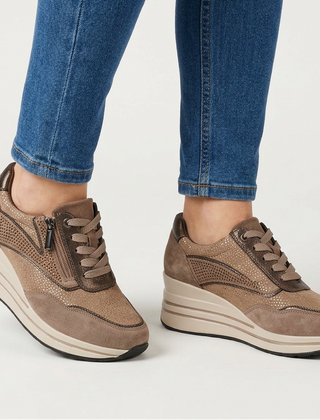 Lynda Zip & Lace Wedge Trainers in Khaki