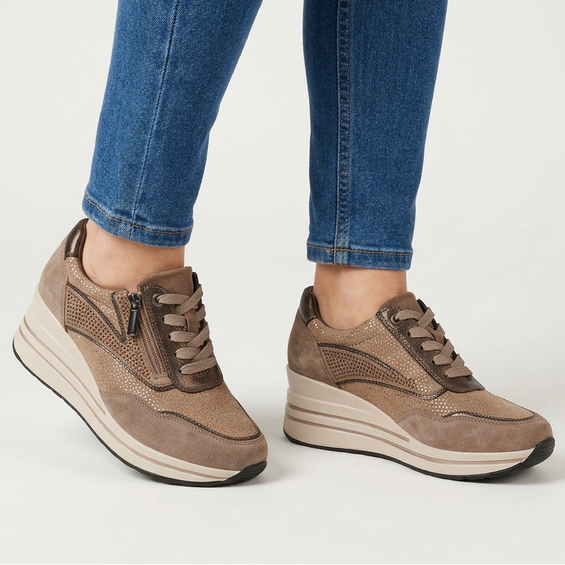 Lynda Zip & Lace Wedge Trainers in Khaki