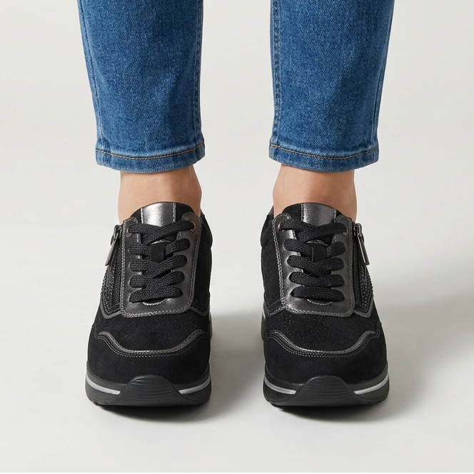Lynda Zip & Lace Wedge Trainers in Black