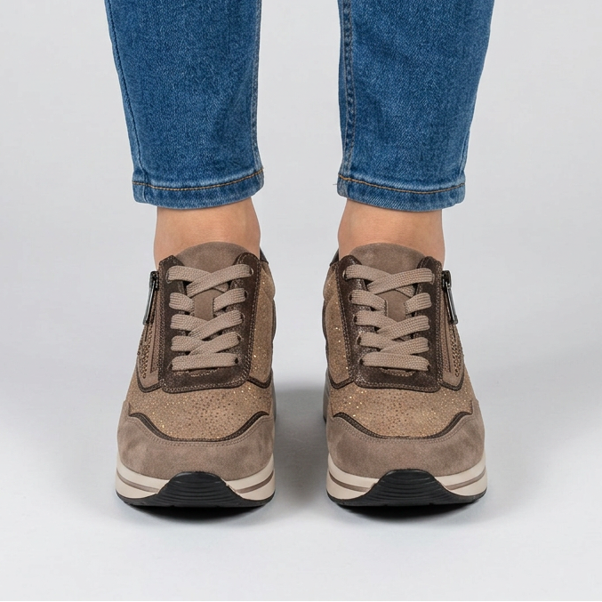 Lynda Zip & Lace Wedge Trainers in Khaki