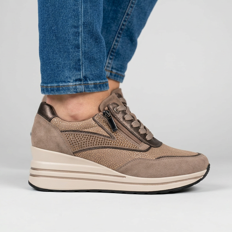 Lynda Zip & Lace Wedge Trainers in Khaki