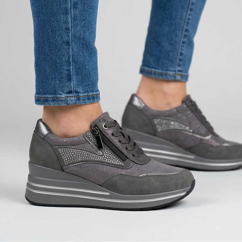 Lynda Zip & Lace Wedge Trainers in Grey
