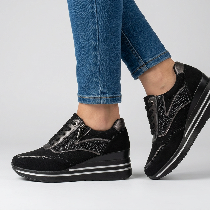 Lynda Zip & Lace Wedge Trainers in Black