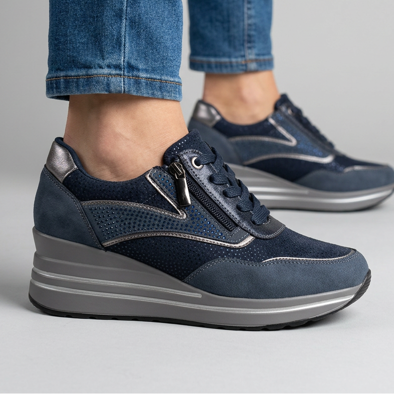 Lynda Zip & Lace Wedge Trainers in Navy
