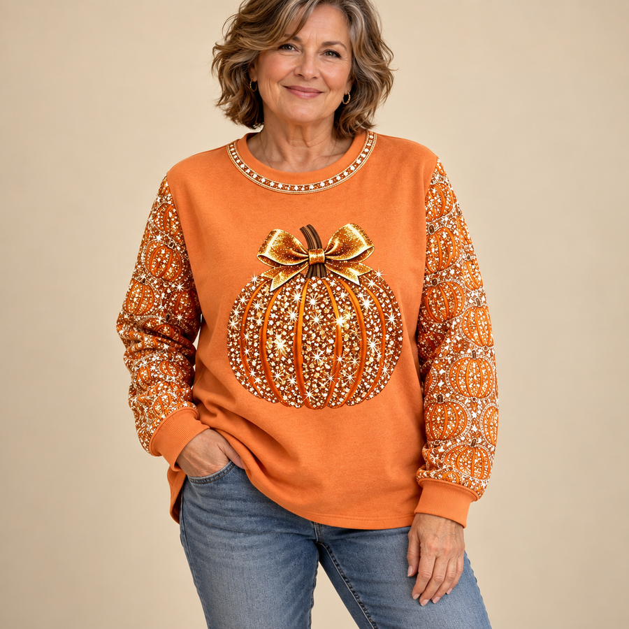 Tracey Sparkle Pumpkin Autumn Sweatshirt in Pumpkin Orange - studio
