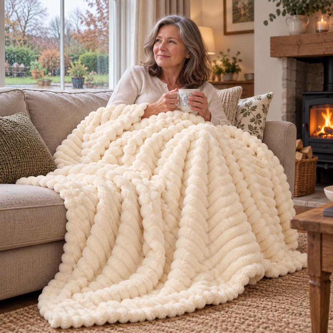 The Tracy Ribbed Fleece Throw Blanket in use at home