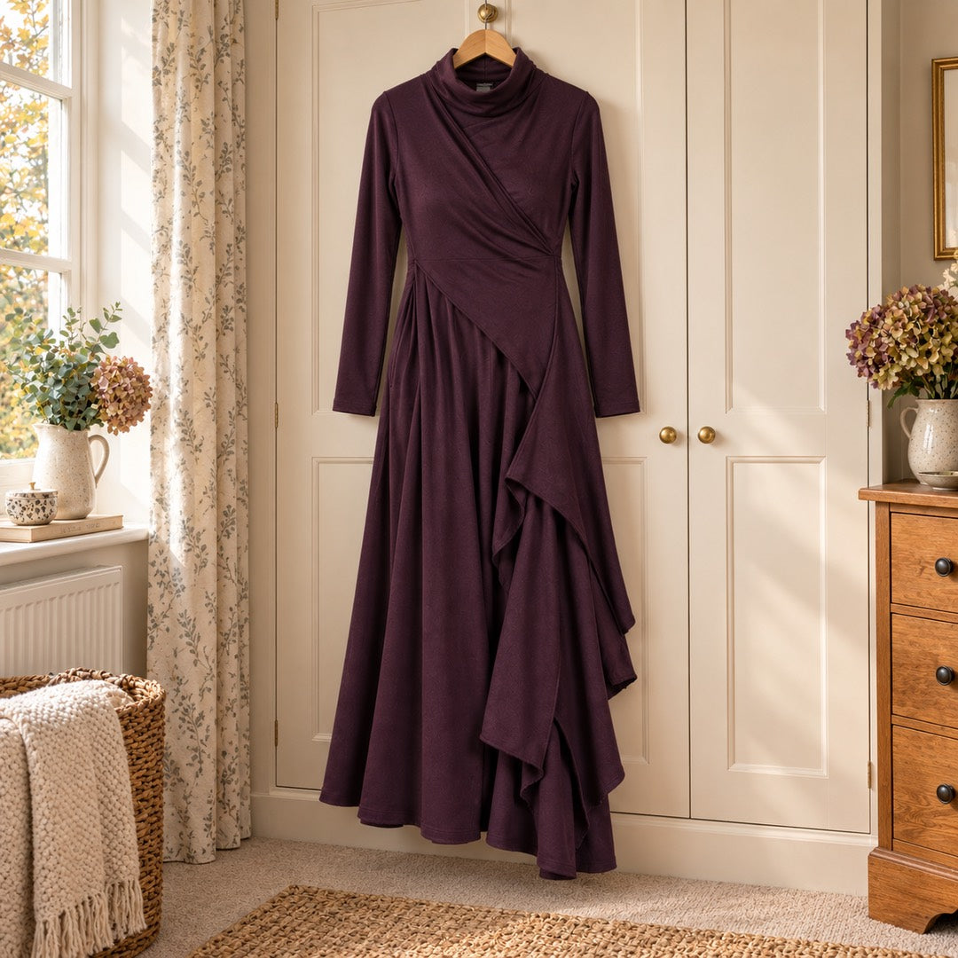 Veronica Draped Roll Neck Maxi Dress in Plum on a hanger