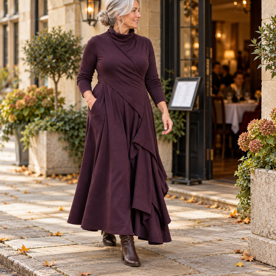 Veronica Draped Roll Neck Maxi Dress in Plum, worn out and about