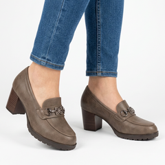 Andrea Block Heel Buckle Loafers in Taupe