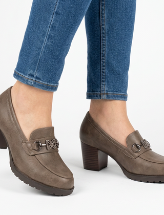 Andrea Block Heel Buckle Loafers in Taupe
