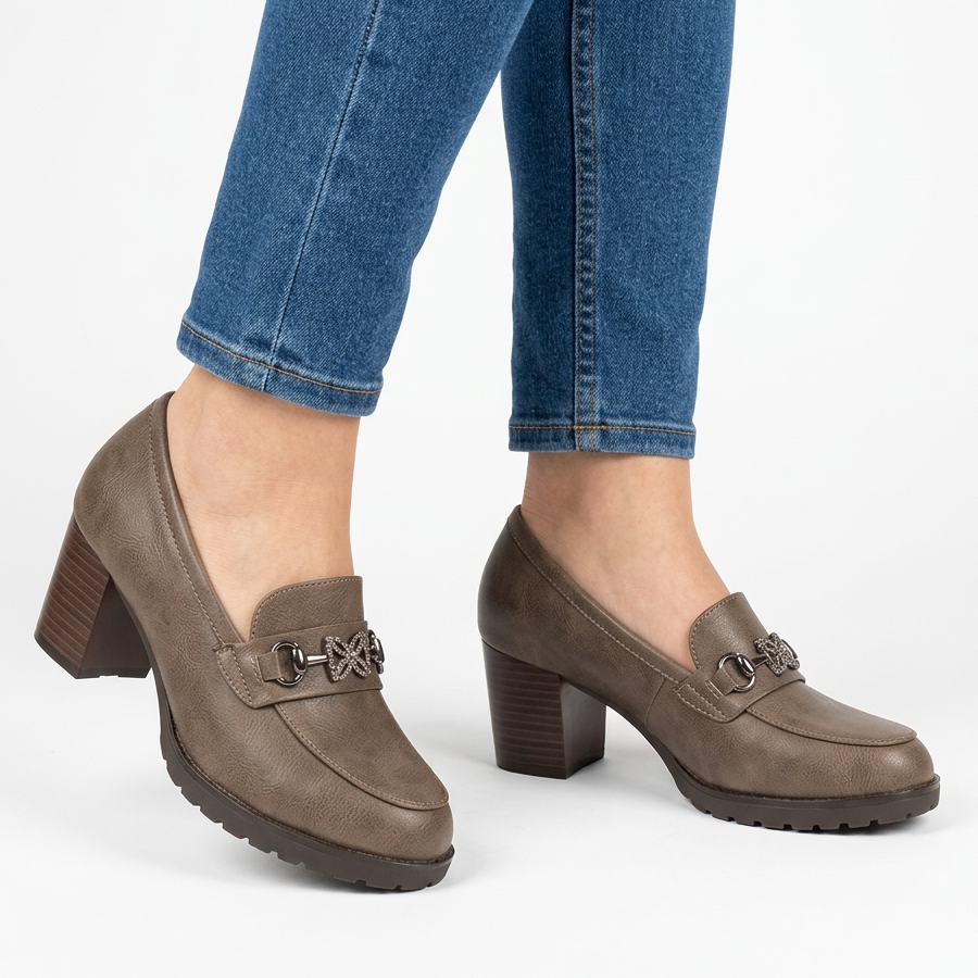 Andrea Block Heel Buckle Loafers in Taupe