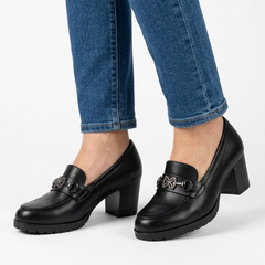 Andrea Block Heel Buckle Loafers in Black