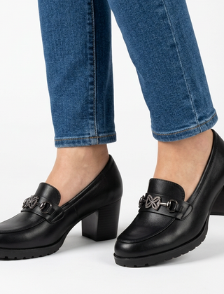 Andrea Block Heel Buckle Loafers in Black