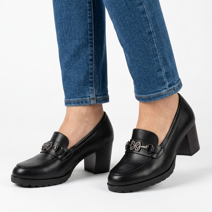 Andrea Block Heel Buckle Loafers in Black