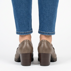 Andrea Block Heel Buckle Loafers in Taupe